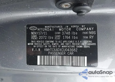 2012 Hyundai Veloster Base W/Black из США, поврежденный, VIN KMHTC6ADXCU043682